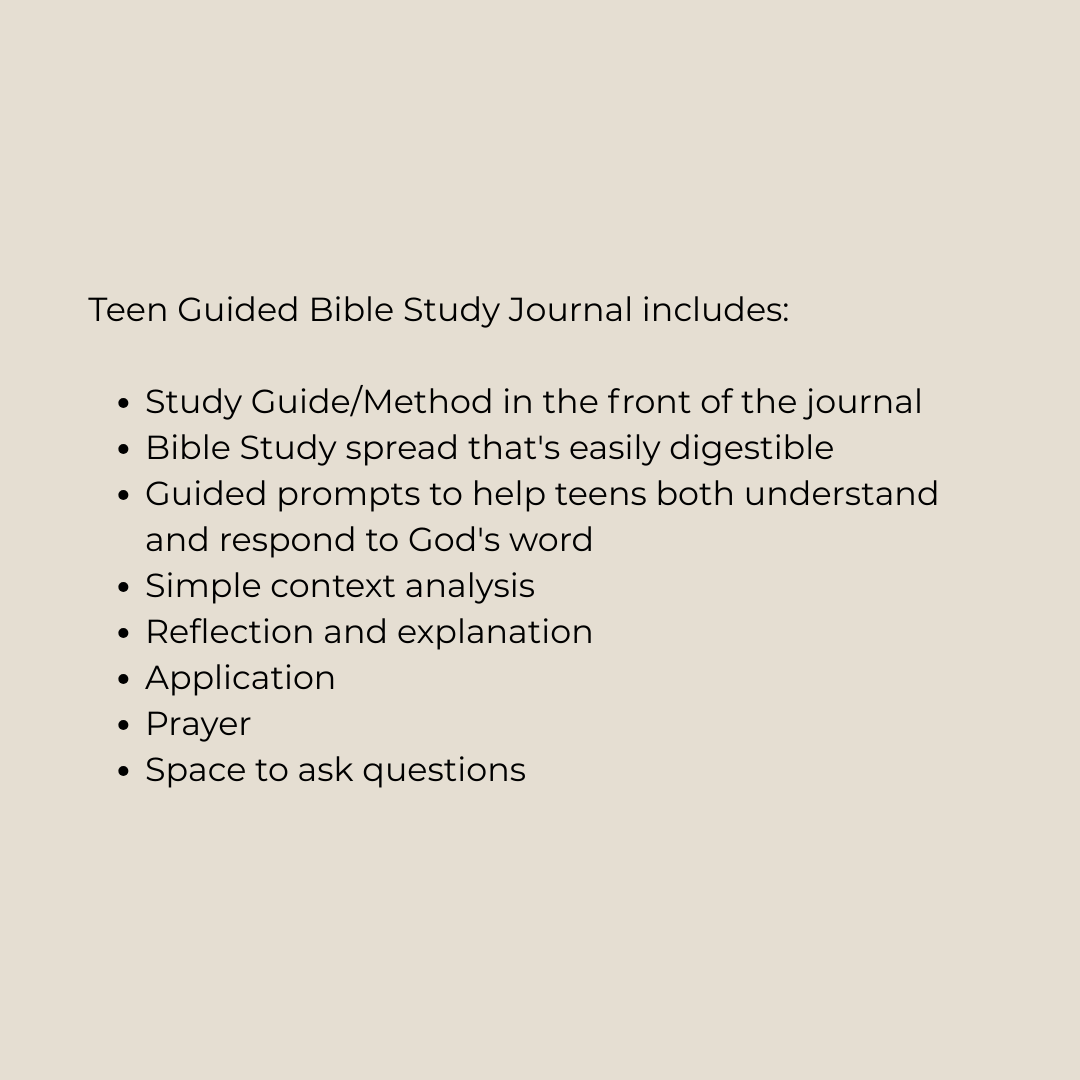 List of features of a Teen Guided Bible Study Journal on a beige background