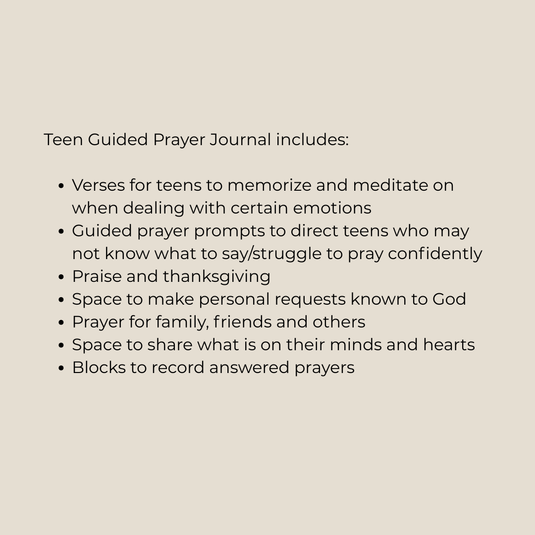 Text description of a Teen Guided Prayer Journal on a beige background