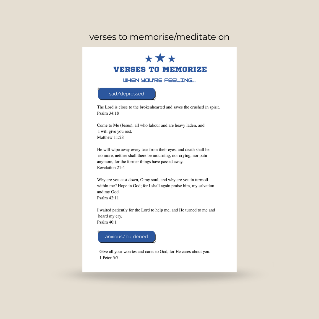 Sheet of verses to memorize or meditate on with a blue header and footer on a beige background.