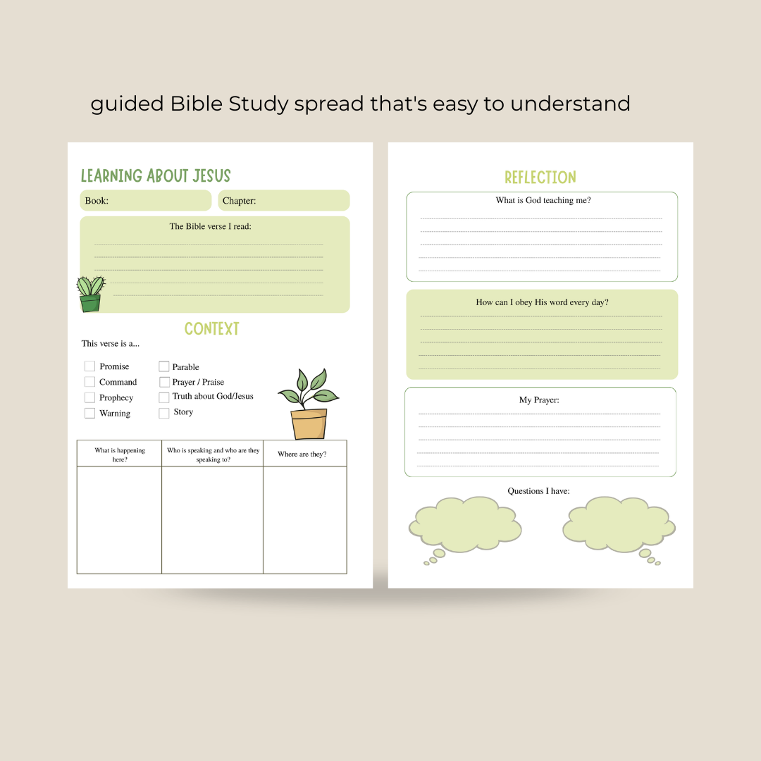 Guided Bible Study spread with sections for learning about Jesus, reflection, and context on a beige background.