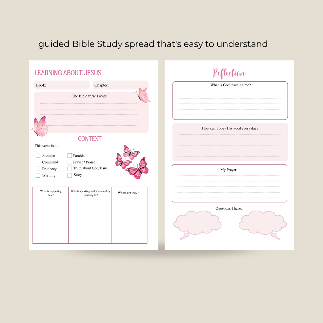 Guided Bible Study spread with butterfly illustrations on a beige background