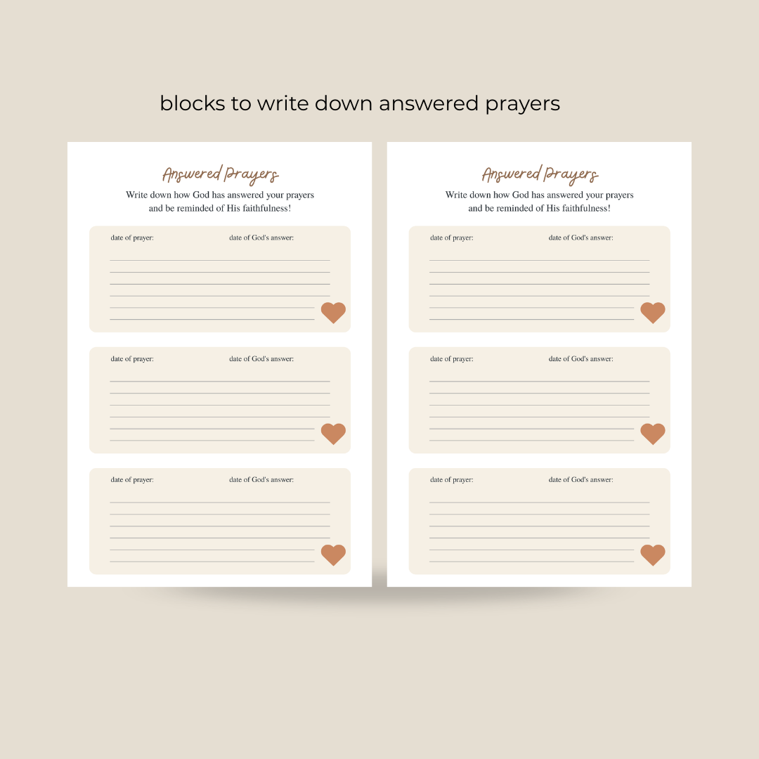 Two pages of blocks to write down answered prayers on a beige background