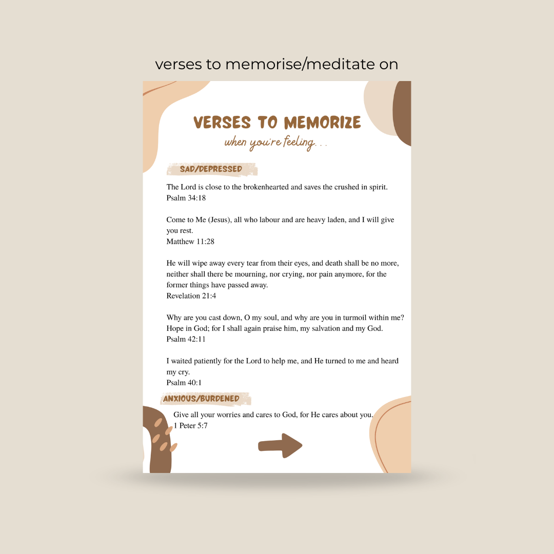Sheet of verses to memorize or meditate on with a beige border.