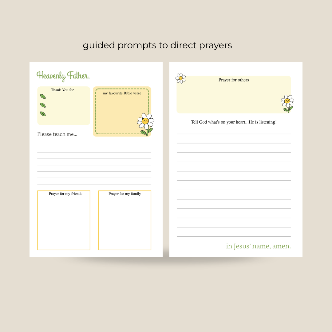 Two prayer journal pages with guided prompts on a beige background