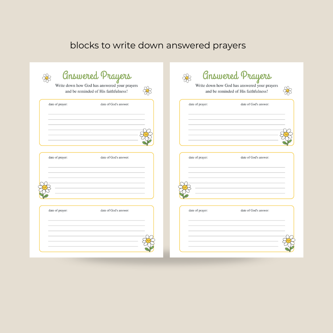 Two pages for writing down answered prayers with daisy graphics on a beige background.