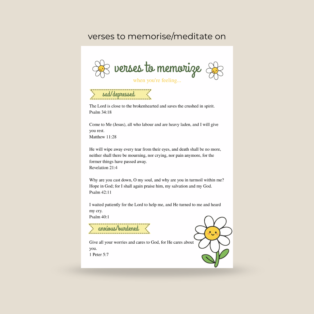 Sheet of verses to memorize or meditate on with decorative flowers on a beige background