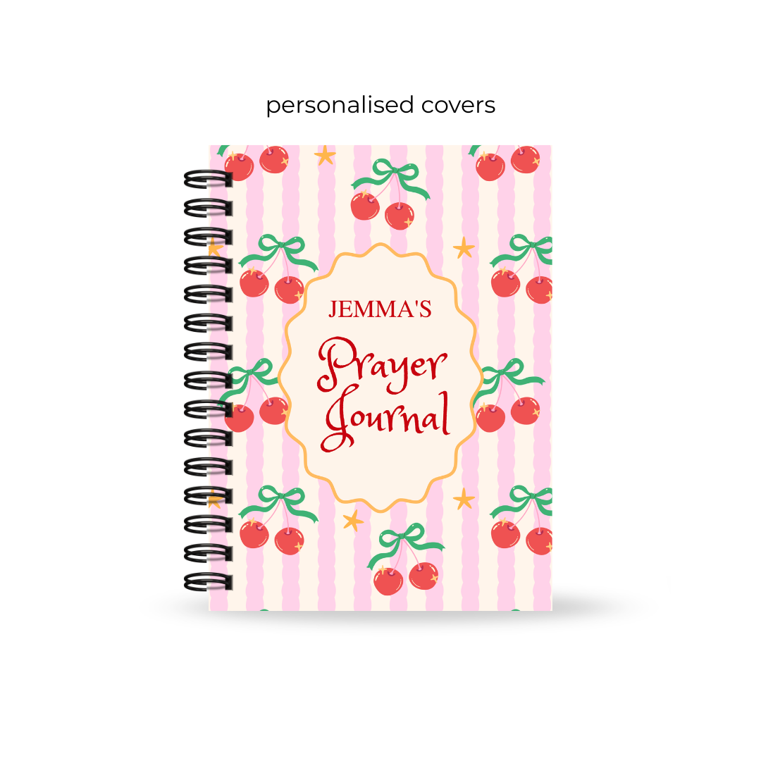Personalized Christian prayer journal for teens with cherry and bow design on a white background