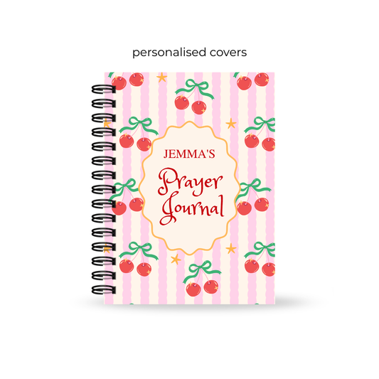 Personalized Christian prayer journal for teens with cherry and bow design on a white background