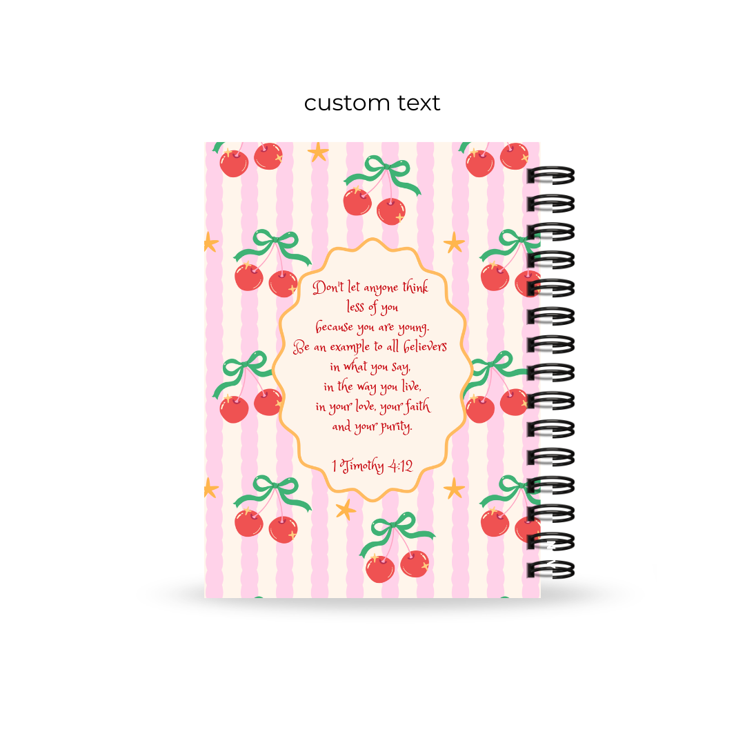 Christian teen prayer journal with cherry and bow design on a white background
