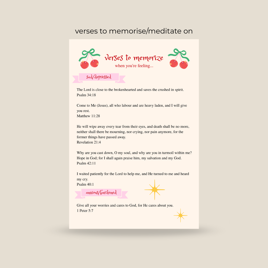 Sheet of verses to memorize or meditate on with decorative elements on a light gray background.