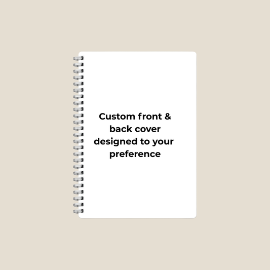 Spiral-bound customisable notebook with a white cover displaying text on a beige background