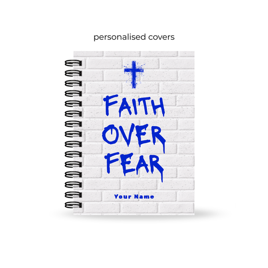 Christian Bible Study Journal for Teens with "Faith over Fear" text in grafitti font