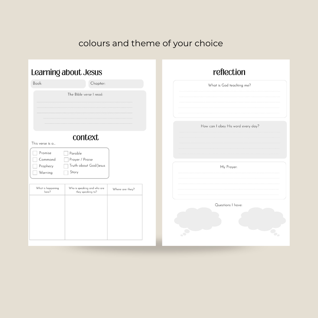 Customisable templates from a Christian Bible Study Journal on a beige background.