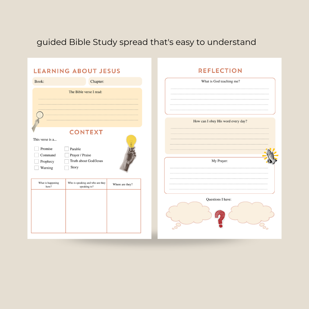 Guided Bible study spread with sections for learning about Jesus, reflection, and context analysis. 