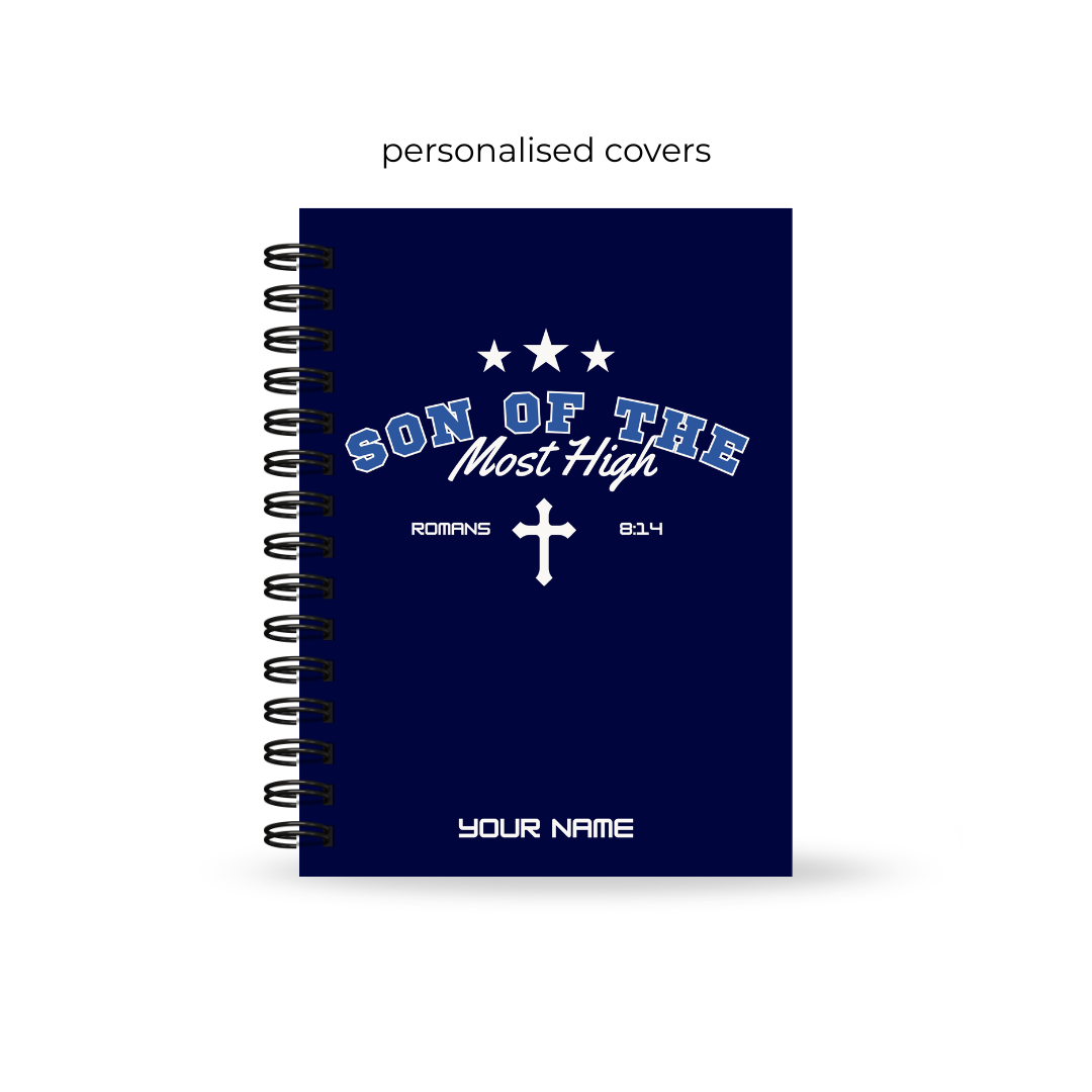 Blue Christian prayer Journal for teens with 'Son of the Most High' text and cross on a white background