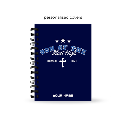 Blue Christian prayer Journal for teens with 'Son of the Most High' text and cross on a white background