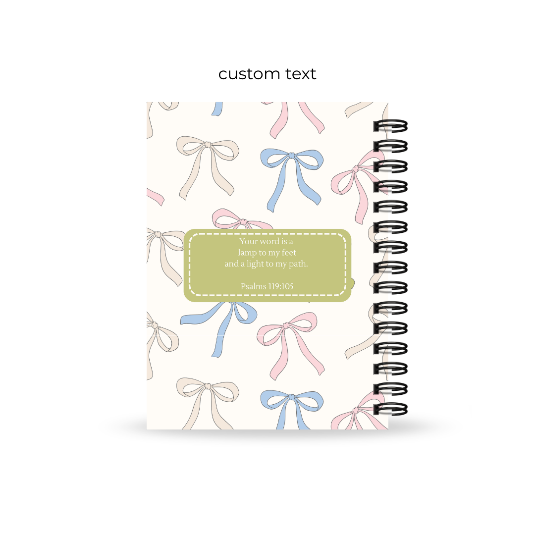 Christian Teen Bible Study journal with bow pattern and customizable text for teenage girls
