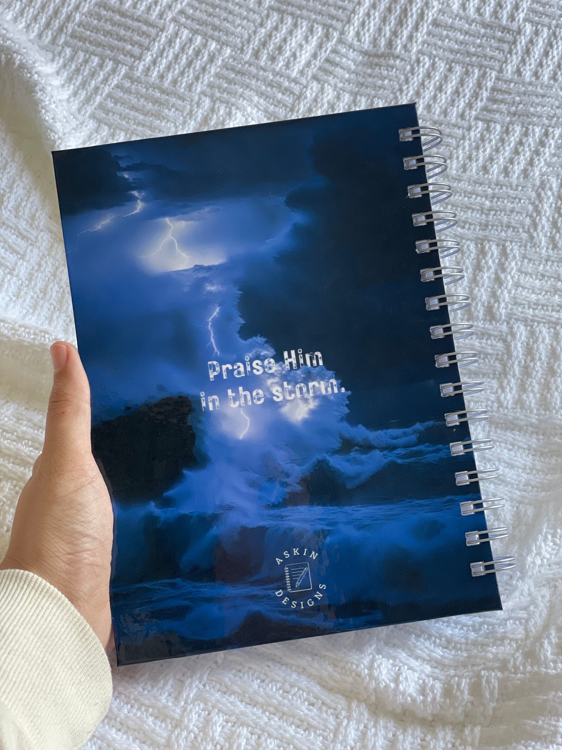 A5 wire-bound custom Christian Bible Study Journal -- back cover customised with a quote "Praise Him in the storm"-- custom journal gift idea 