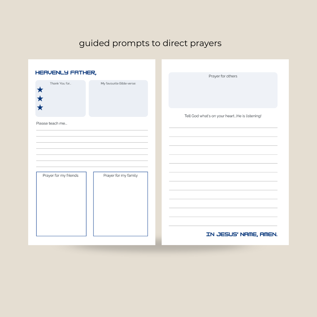 Prayer journal with guided prompts on a beige background