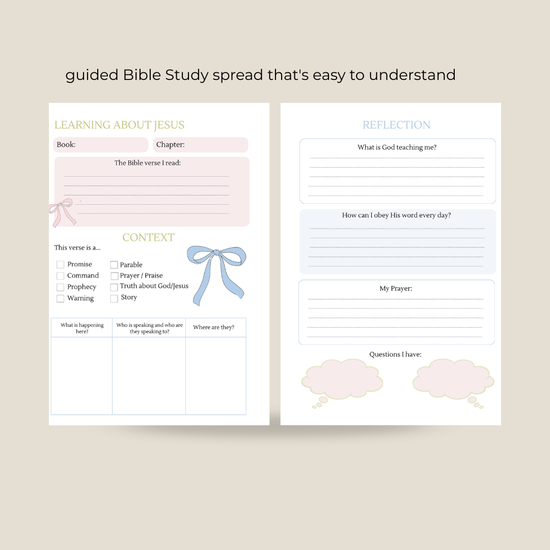 Guided Bible study spread with sections for learning about Jesus, reflection, and context on a beige background.