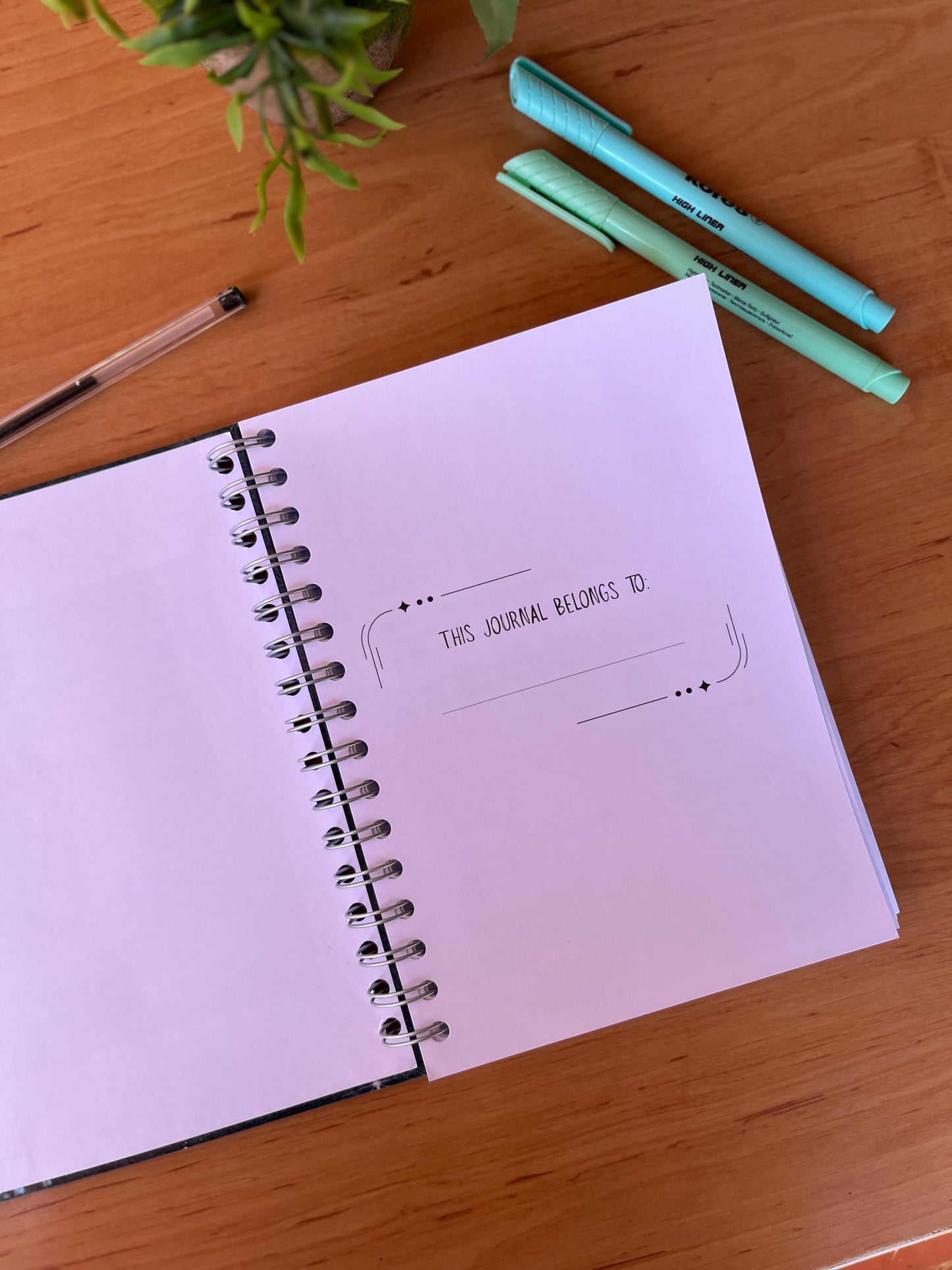 Open spiral-bound notebook on a wooden surface with two green markers and a plant.